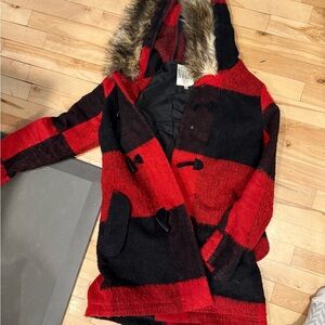 Stylish Red and Black Trench Coat with Faux Fur Hood
